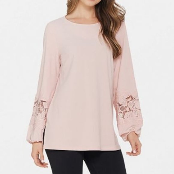 dennis basso Tops - Caviar Crepe Tunic with Lace-Trimmed Sleeves 433